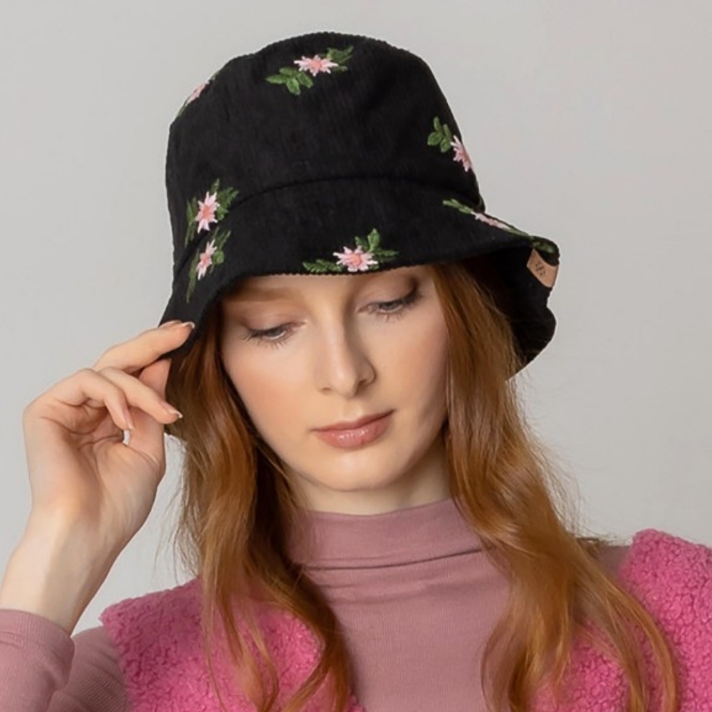 NWOT Do Everything in Love Corduroy Black Floral Bucket Hat
